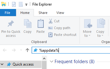 %appdata% typed into the File Explorer search bar