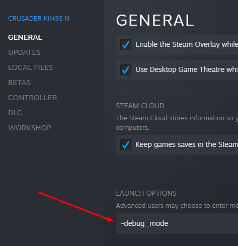 Crusader Kings 3 debug_mode launch option