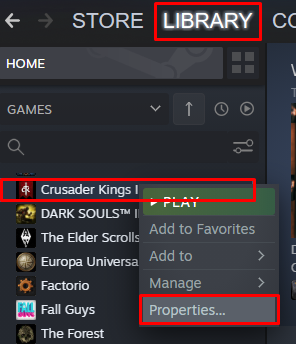 Crusader Kings 3 Steam properties button