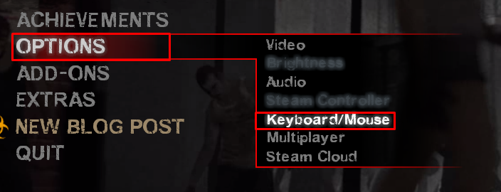 Highlighted is the options button, and the keyboard/mouse settings button