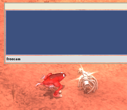 A pile of bones in Spore, with the freecam cheat code typed into the console