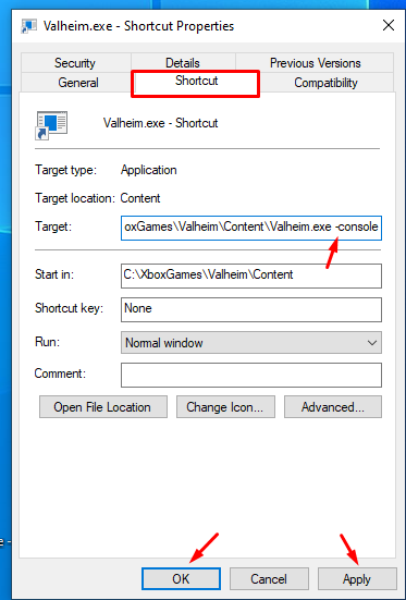 Valheim add -console launch option to Game Pass shortcut
